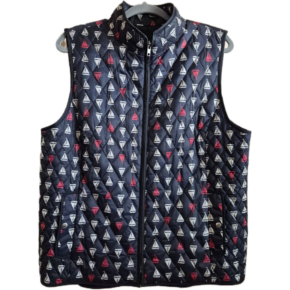 Talbots Women's Puffer Vest Size XL Blue Lightweight Quilted Sailboat Nautical
